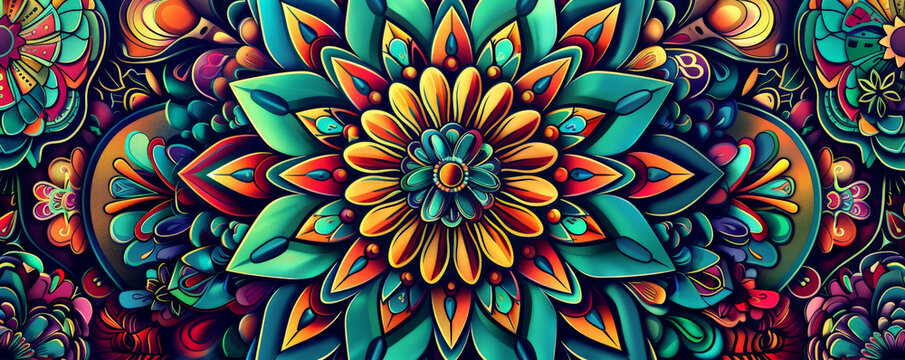 Design art background showcasing a kaleidoscope of bright, psychedelic patterns in contrasting colors, creating a visually stimulating effect
