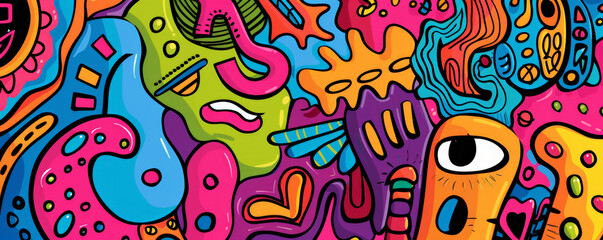 Design art background with a playful, colorful doodle style, whimsical shapes and bright hues creating a fun, lively vibe
