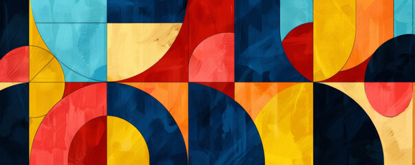 Design art background with a retro-inspired geometric pattern in bold primary colors, playful and nostalgic