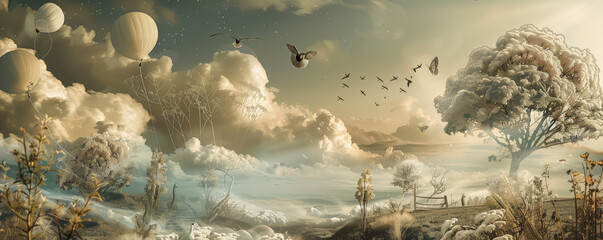 Design art background with a surrealist theme, dreamlike imagery in muted tones creating a whimsical and imaginative atmosphere