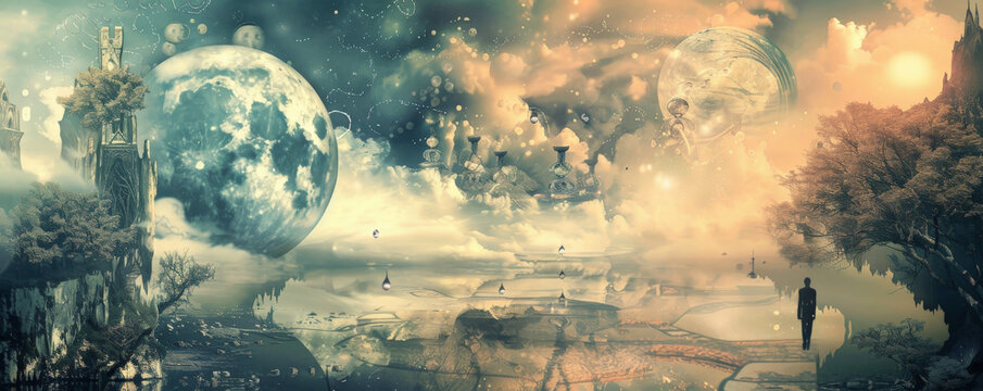 Design art background with a surrealist theme, dreamlike imagery in muted tones creating a whimsical and imaginative atmosphere