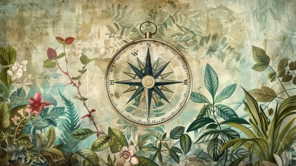 Fototapeta premium Vintage compass and floral oil painting, textured to evoke nostalgia.