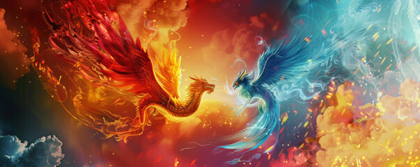 Dragon and Phoenix: A dragon and phoenix together on a vibrant backdrop, symbolizing balance and harmony in 2025.