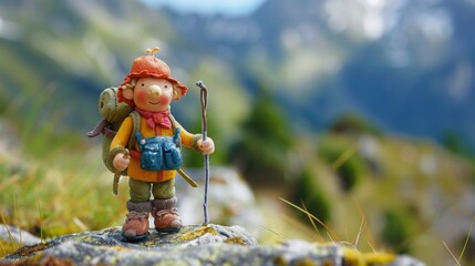 Plasticine character. Hiking in the mountains