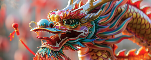 Fototapeta premium Dragon and Red Envelopes: A vibrant dragon with traditional red envelopes, symbolizing luck and good fortune.