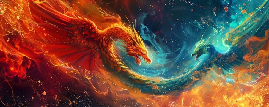 Dragon and Phoenix: A dragon and phoenix together on a vibrant backdrop, symbolizing balance and harmony in 2025.
