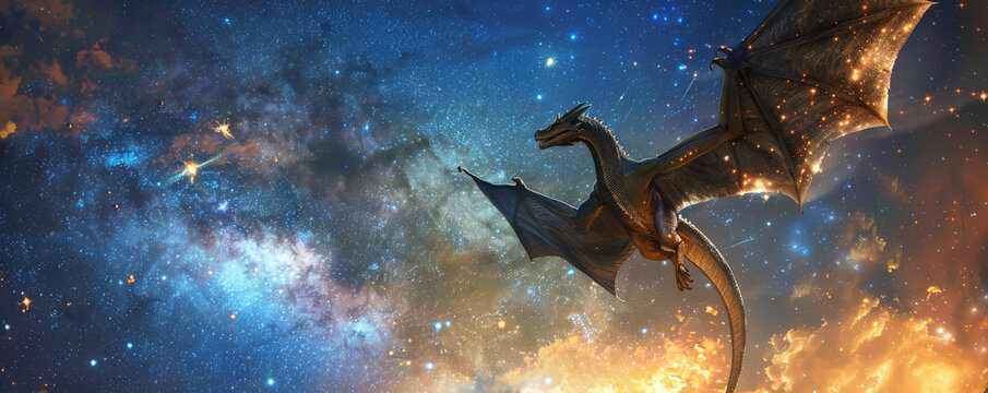 Dragon and Starry Night: A dragon flying through a clear, starry night sky, creating a sense of wonder and magic.