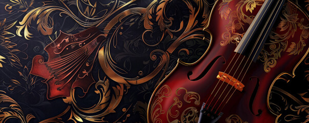 Elegant jazz music background with a rich, deep color palette and intricate gold patterns. The luxurious design evokes the sophistication of a jazz club.