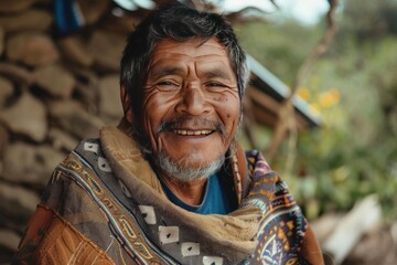 Portrait of a smiling South American man with a rugged beard and wearing a poncho