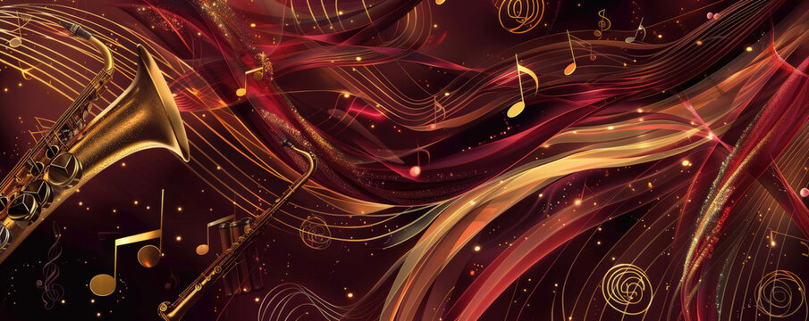 Elegant jazz music background in deep burgundy and gold, with flowing musical notes and classic jazz instruments. The design exudes warmth and sophistication.