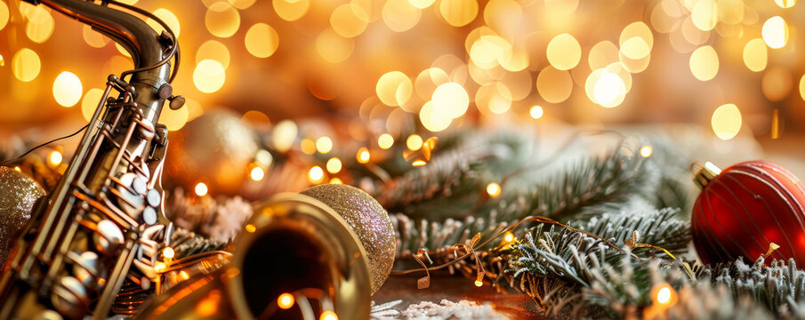 Festive jazz music background with a warm, inviting color palette and holiday-themed decorations. Musical notes and instruments add to the festive atmosphere.