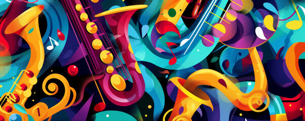 Fototapeta premium Funky jazz music background with bold, bright colors and playful shapes. The design captures the fun and lively nature of jazz.