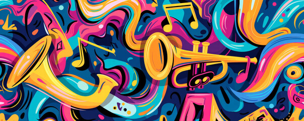 Fototapeta premium Funky jazz music background with bright, psychedelic colors and abstract shapes. The vibrant design captures the lively and unpredictable nature of jazz.