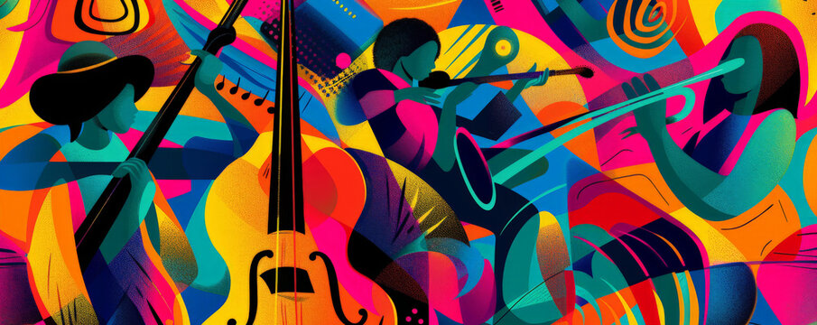 Funky jazz music background with bright, psychedelic colors and abstract shapes. The vibrant design captures the lively and unpredictable nature of jazz.