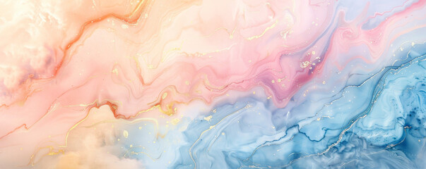 Marble abstract background featuring soft pastel tones of blue, pink, and yellow. The subtle, fluid patterns create a calm and relaxing atmosphere