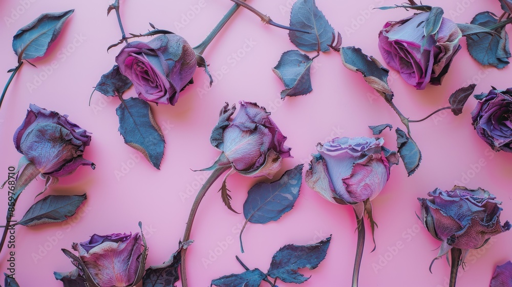 Sticker Dried violet roses on a pink backdrop