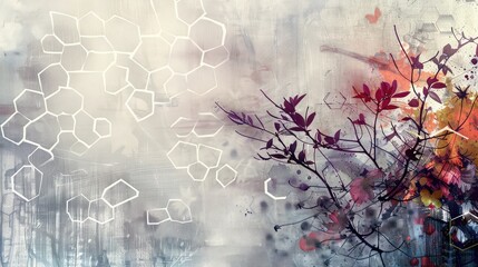 Floral plants and hexagon patterns blended in vintage-style oil art.