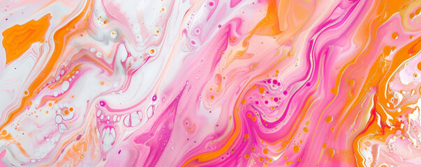 Fototapeta premium Marble abstract background showcasing a mix of vibrant pink, orange, and white. The patterns are lively and cheerful, creating an energetic feel
