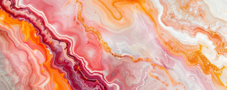 Marble abstract background showcasing a vibrant mix of pink, orange, and white. The patterns are dynamic and lively, creating a cheerful and energetic feel