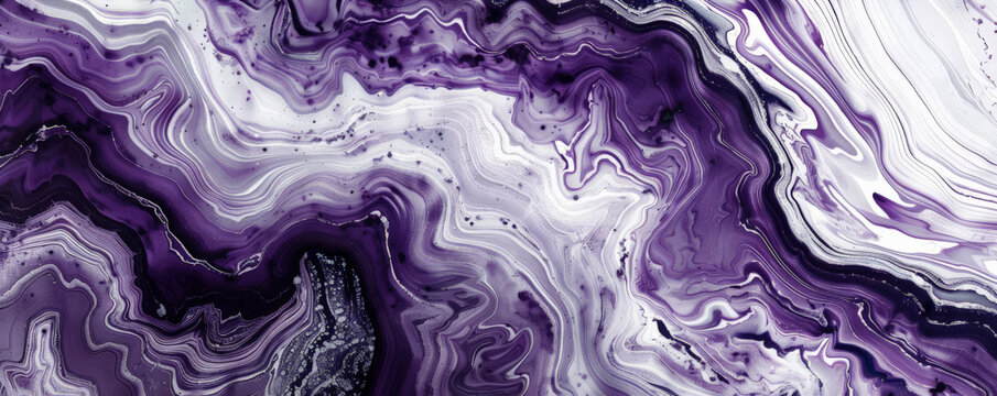 Marble abstract background showcasing deep purple and white tones. The patterns are bold and dynamic, creating a sense of mystery and sophistication