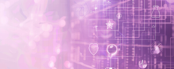 Obraz premium Medical background featuring a light purple gradient with transparent medical icons and a subtle grid pattern, creating a sense of technology and modernity.