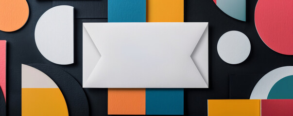Mockup card birthday background featuring a modern geometric design, with bold shapes in bright colors, a white card with clean lines, and a contrasting black background, creating a trendy and stylish