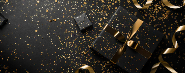 Mockup card birthday background showcasing a black and gold theme, with luxurious gold foil accents on a black cardstock, set against a background of gold confetti and ribbons, exuding elegance and