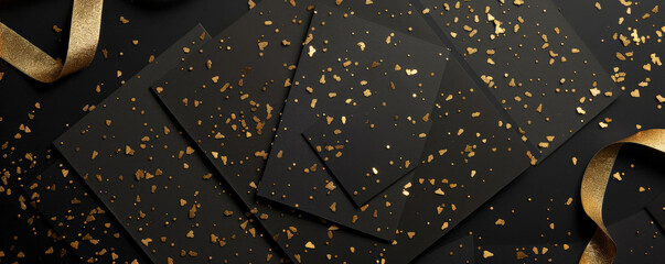 Mockup card birthday background showcasing a black and gold theme, with luxurious gold foil accents on a black cardstock, set against a background of gold confetti and ribbons, exuding elegance and