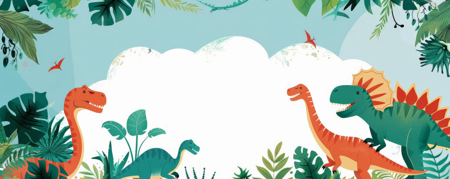Mockup card birthday background showcasing a playful dinosaur theme, with a white card set against a backdrop of illustrated dinosaurs, jungle foliage, and a bright blue sky, perfect for a child's