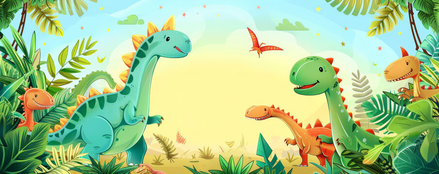 Mockup card birthday background showcasing a playful dinosaur theme, with a white card set against a backdrop of illustrated dinosaurs, jungle foliage, and a bright blue sky, perfect for a child's