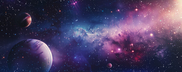 Mockup card birthday background with a galaxy theme, featuring a dark starry sky, a white card with silver glitter accents, and colorful planets and stars, creating a magical and dreamy atmosphere