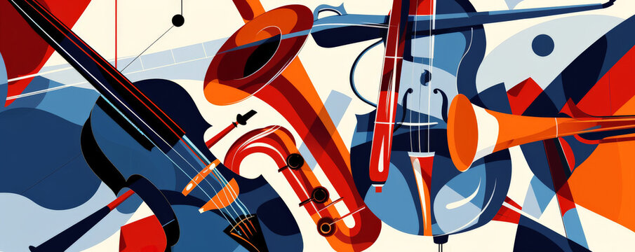 Modern jazz music background with a minimalist design, featuring sleek lines and cool colors. Abstract representations of musical instruments add a contemporary touch.