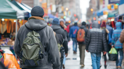 A busy city street with a crowd of people walking, capturing the hustle and bustle of urban life in winter.
