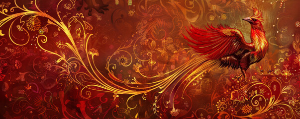 Phoenix bird background featuring a regal, royal theme, with the bird adorned in rich reds and golds. The backdrop includes elegant, ornate patterns and a luxurious texture
