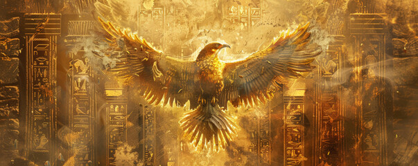Phoenix bird background featuring an ancient temple setting, with the bird in rich, golden colors. The backdrop includes stone structures, hieroglyphs, and an air of mystery