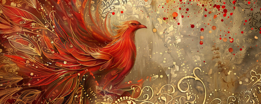 Phoenix bird background featuring a regal, royal theme, with the bird adorned in rich reds and golds. The backdrop includes elegant, ornate patterns and a luxurious texture