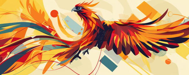 Phoenix bird background with a bold, graphic design, showcasing the bird in vibrant colors and sharp lines. The background includes abstract shapes and a striking color contrast