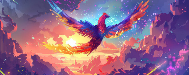 Phoenix bird background with a digital pixel art design, showcasing the bird in vibrant pixelated colors. The backdrop includes retro game elements and a glowing sky