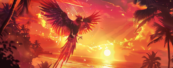 Phoenix bird background with a tropical paradise theme, showcasing the bird in vibrant, sunset colors against a backdrop of palm trees and a beach. The scene is warm and inviting
