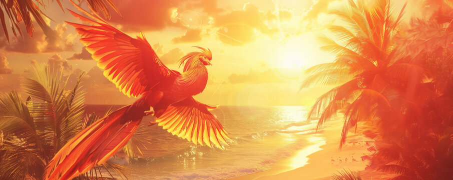 Phoenix bird background with a tropical paradise theme, showcasing the bird in vibrant, sunset colors against a backdrop of palm trees and a beach. The scene is warm and inviting