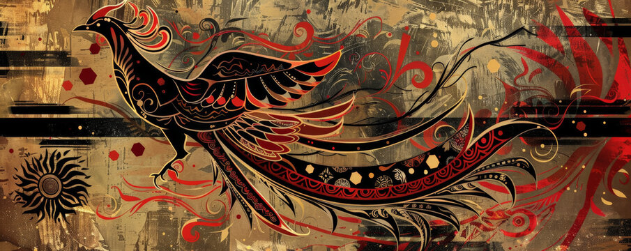 Phoenix bird background with a tribal design, featuring intricate patterns in red, black, and gold. The bird stands out with bold lines and shapes, set against a textured, earthy backdrop