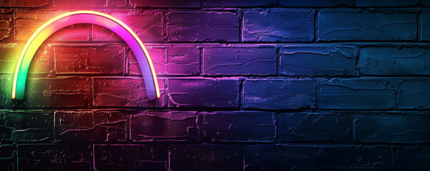 Pride LGBT background featuring a neon rainbow light against a dark brick wall, creating a vibrant and edgy look