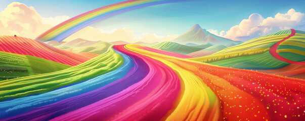 Pride LGBT background featuring a rainbow road leading through a whimsical landscape, imaginative and inspiring