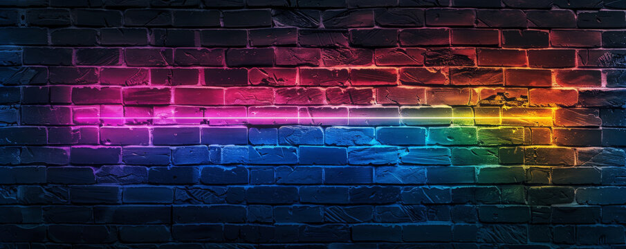 Pride LGBT background featuring a neon rainbow light against a dark brick wall, creating a vibrant and edgy look