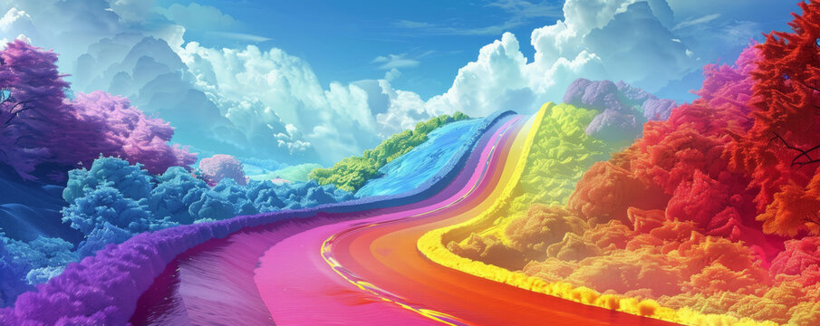 Pride LGBT background featuring a rainbow road leading through a whimsical landscape, imaginative and inspiring