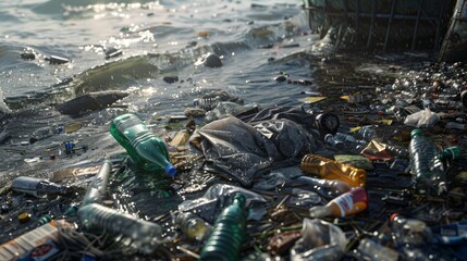 A lot of plastic waste is dumped in the sea, causing toxic pollution, garbage sinking in the seawater.