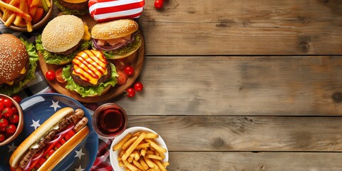 Flat lay of burgers and hot dogs on a wooden table with copy space for text