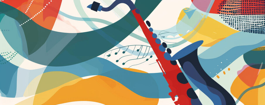 Sleek jazz music background with a modern, minimalist design. Cool colors and abstract shapes create a contemporary and sophisticated vibe.