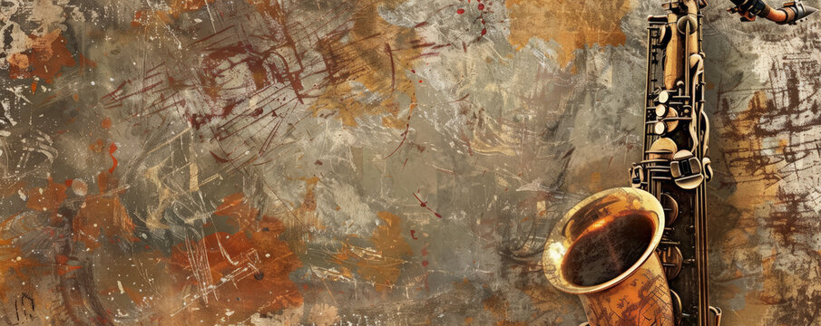 Rustic jazz music background with earthy tones and a weathered texture. Classic instruments like the saxophone and trumpet are prominently featured.