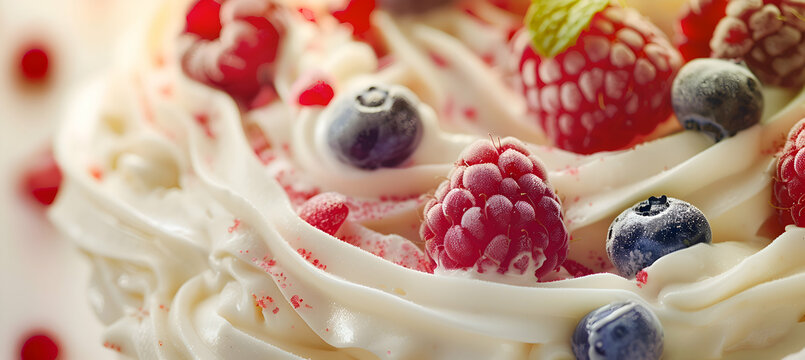 Close-up of fast food frozen yogurt showcasing detailed textures of the creamy yogurt and fresh toppings